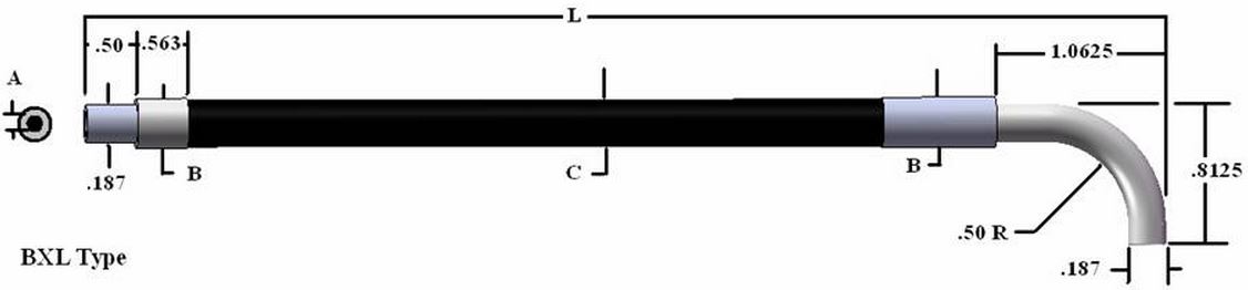 Single flexible fiber optic (90 deg L Tip), length=144 in. active fiber diameter .125 in. PVC mo