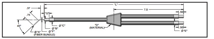 Dual branch flexible fiber optic (45 deg L tip w/ hypo tubing) , length=24 in. active fiber diam