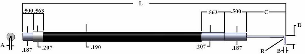 Single flexible fiber optic (90 deg L tip w/ hypo tubing), length=24 in. active fiber diameter .032